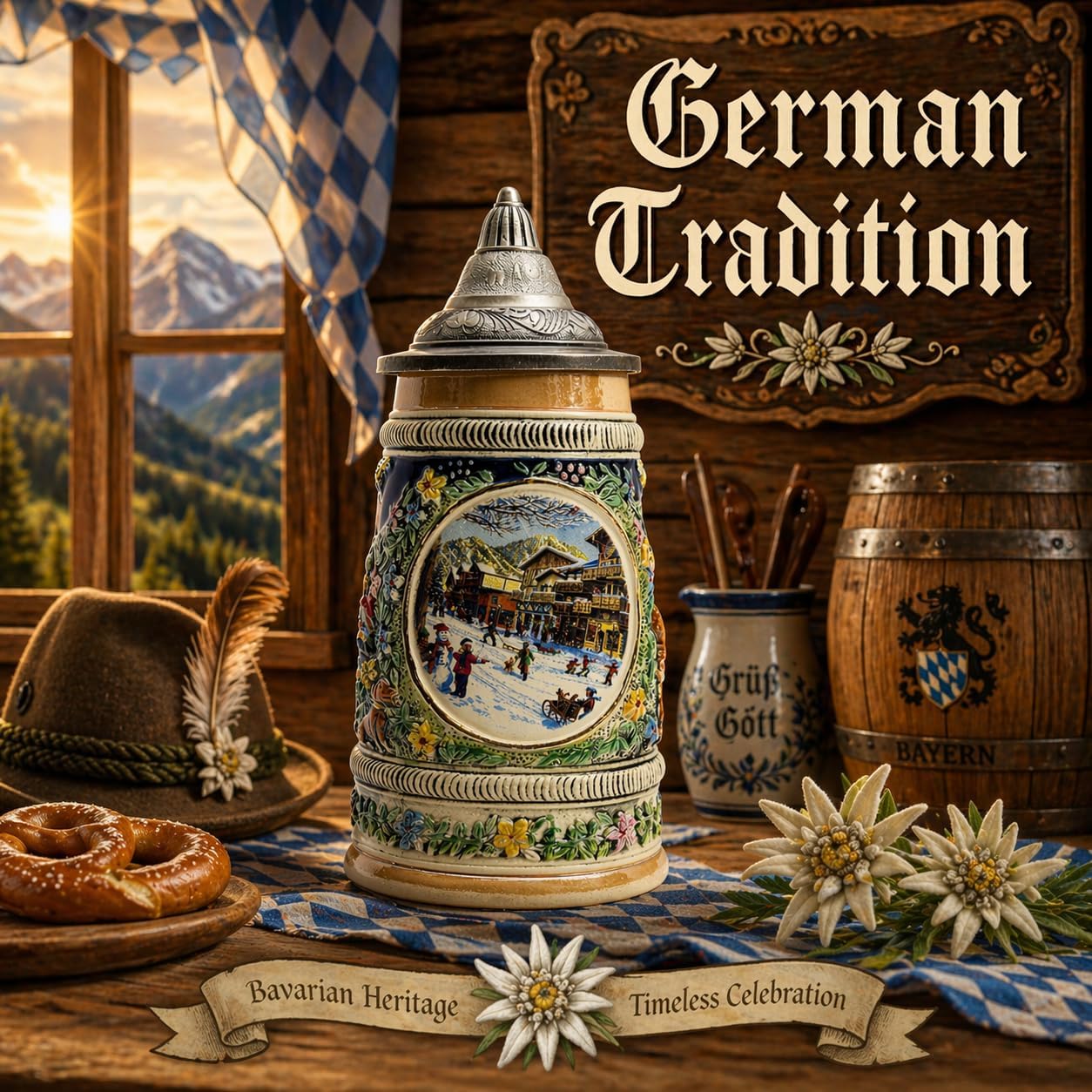 0.55L German Beer Steins with Lid – Winter Scene Ceramic Collectible Beer Stein Mug - Traditional German Steins for Beer Lovers